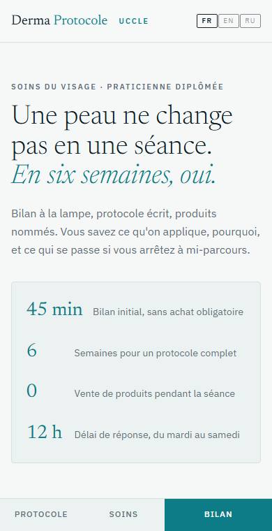 Derma Protocole — page d'accueil sur téléphone